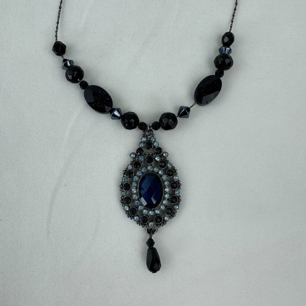 Vintage NR Pendant Necklace Dangle Earrings Set Gunmetal Midnight Blue Metallic - Picture 4 of 16